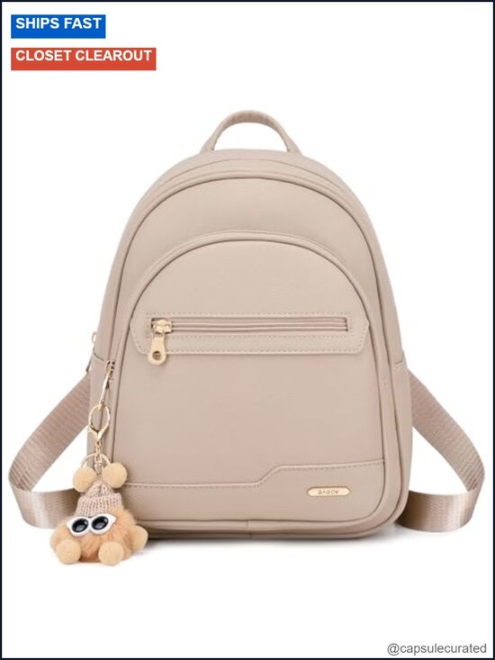 Mini Faux Leather Backpack Purse with Detachable Cartoon Charm - Cute Fashion